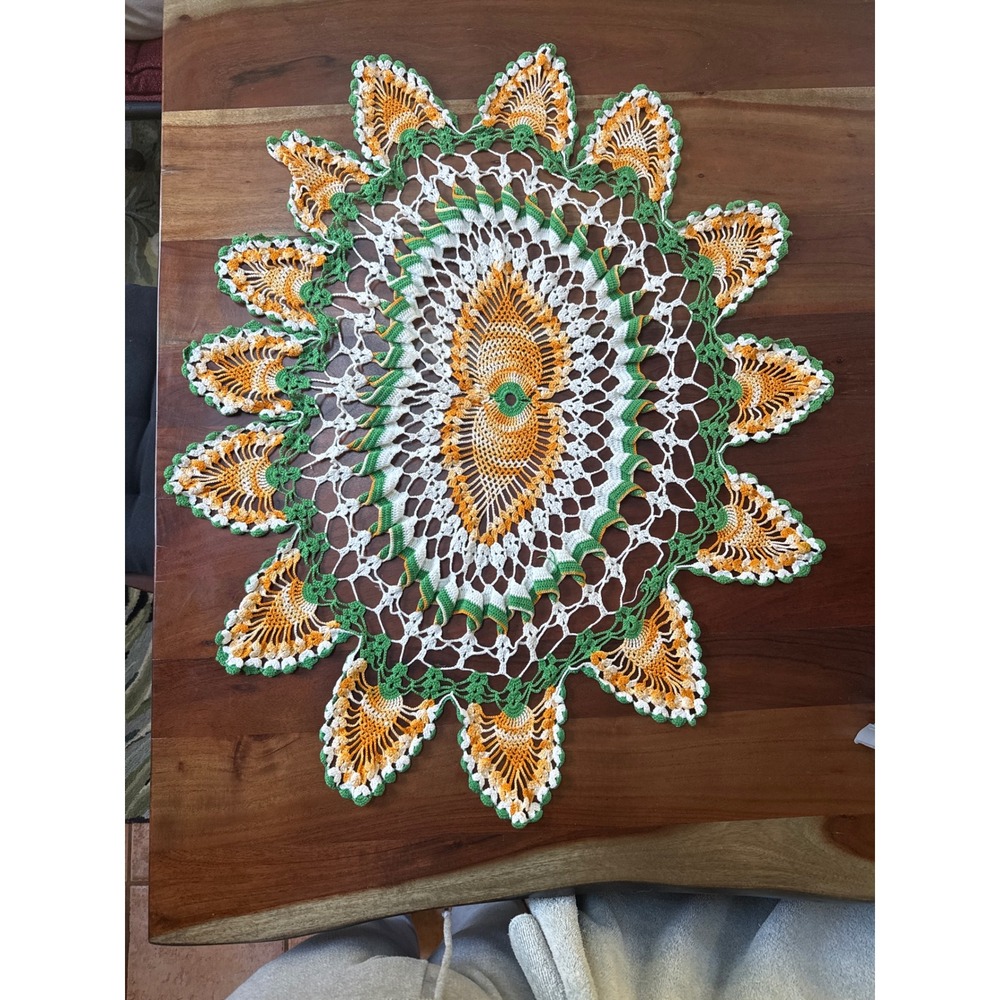 Vintage Handmade Crochet Doily Orange Green White Pineapple Lace 24 Inch